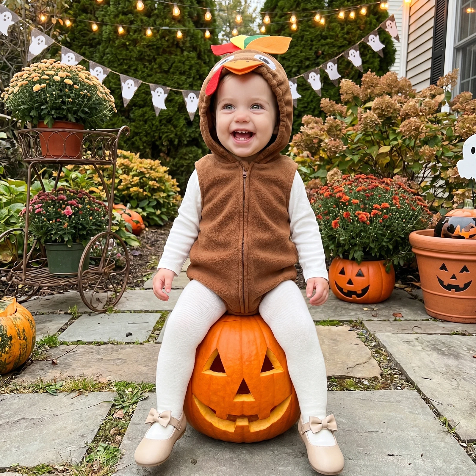 Thanksgiving Turkey Costume for Infant Girl Boy Fleece Hooded Sleeveless Zipper Front Bubble Romper Holiday Cosplay Jumpsuit