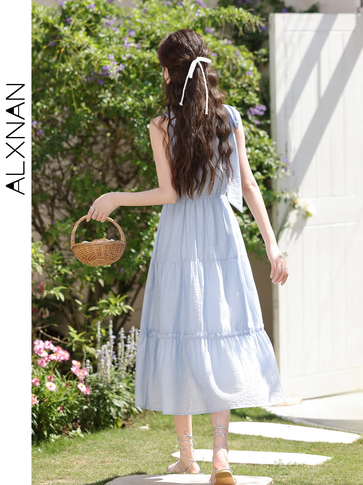 ALXNAN Women Frenchy Summer Tiered Dress 2024 Elegant Fashion Sundress Sleeveless Tie Strap Elastic Waist Midi Dress Lady L35253