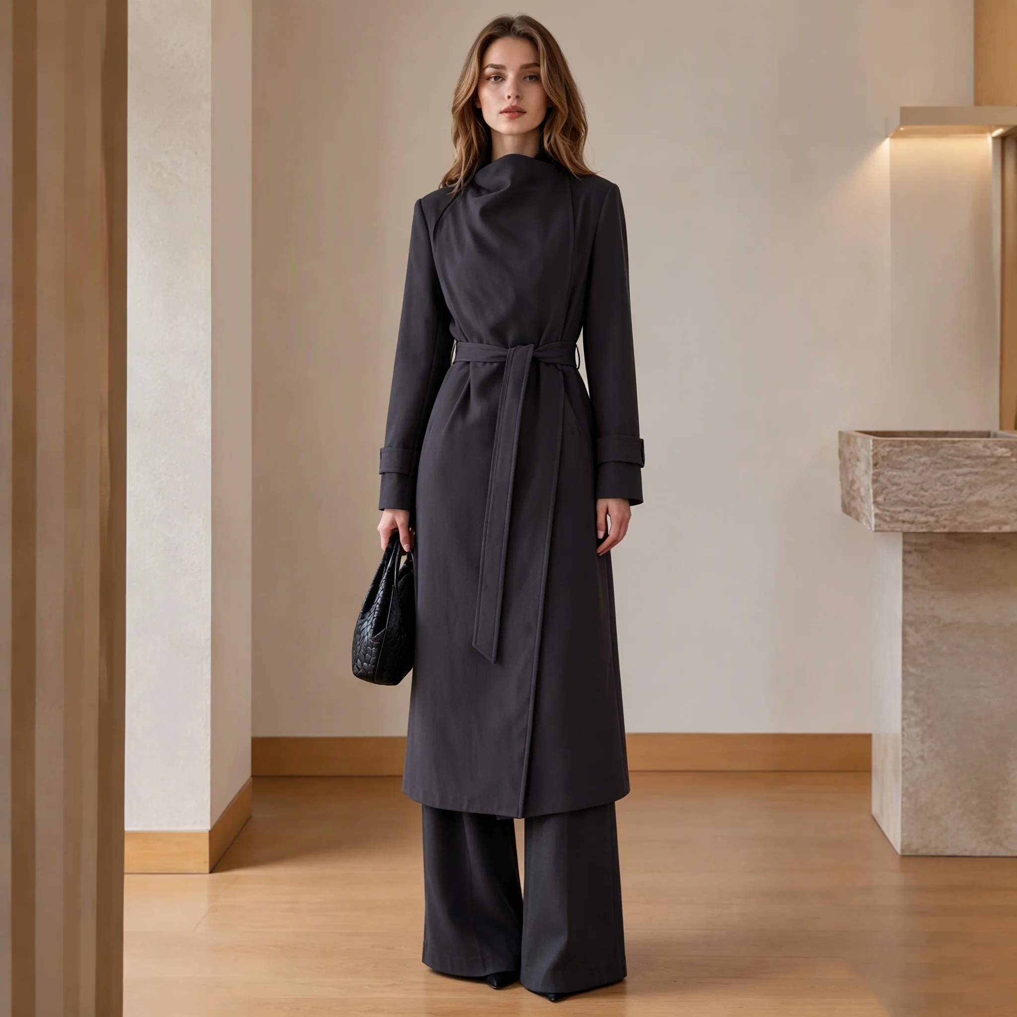 RU Fashion Ladies Draped Neck Wrap Trench Coat Self Belt Waist Cinched Maxi Coat For Autumn Daily Street Outfit