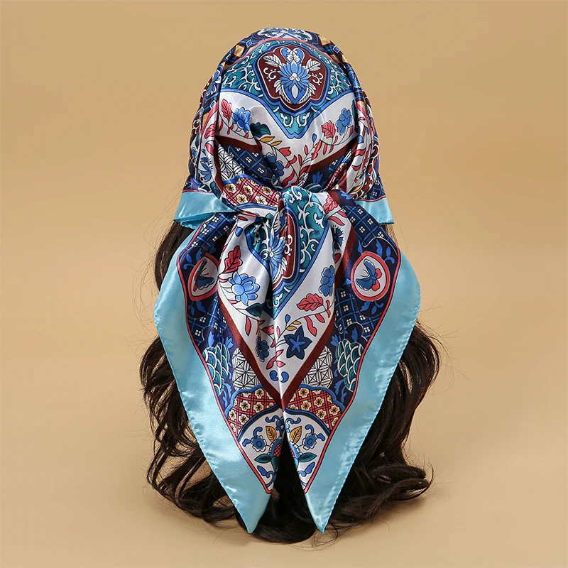 Luxury Flower Print 90*90cm Women Silk Scarf Satin Square Big Shawl Floral Elegant Headscarf Smooth Soft Bandana Scarves