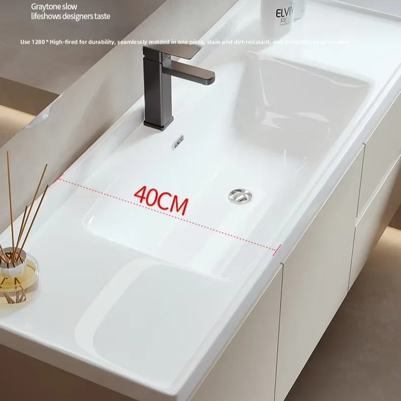 40 Deep Ceramic Integrated Basin Wall-Mounted Lighting Bathroom Cabinet Set Small Apartment Cream Style Vanity