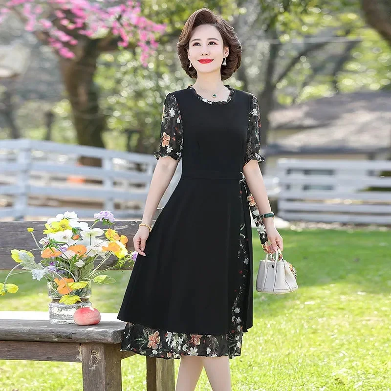 2023 New Temperament Mother Summer Dress 40 Years Old 50 Middle-Aged and Elderly Women's Summer Fashion Floral Chiffon Skirt