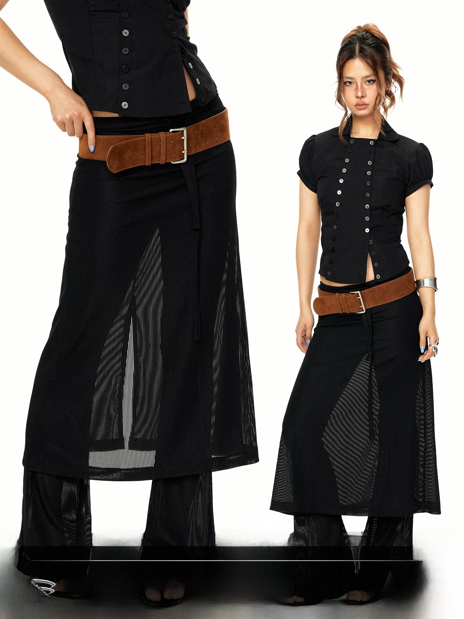 Blackbb High Waist Mesh Splice Design Women's  Skirt Summer Fake Two-Piece Drawstring Slimming Flared Pants Skirt