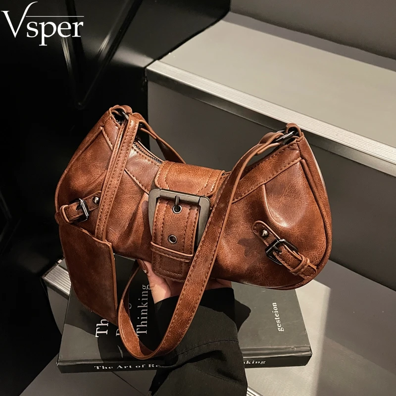 

Винтажная сумка-хобо Vsper в мотоциклетном стиле для женщин, однотонная, из искусственной кожи, через плечо, модная сумка Y2K, сумка на плечо