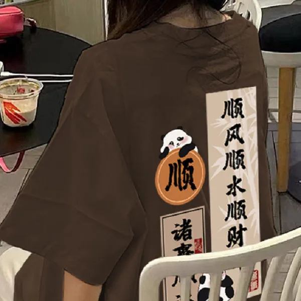 2026 Summer Women Panda Print Short Sleeve T Shirt Chinese Style Lucky Letter Graphic Casual Loose Tee