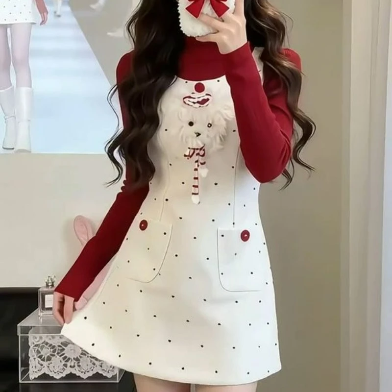 

Japanese Sweet Lolita 2 Piece Sets Women Cute Red Knitted Tops Cartoon Dog Polka Dot Print Strap Dresses Kawaii Y2k Slim Outfits
