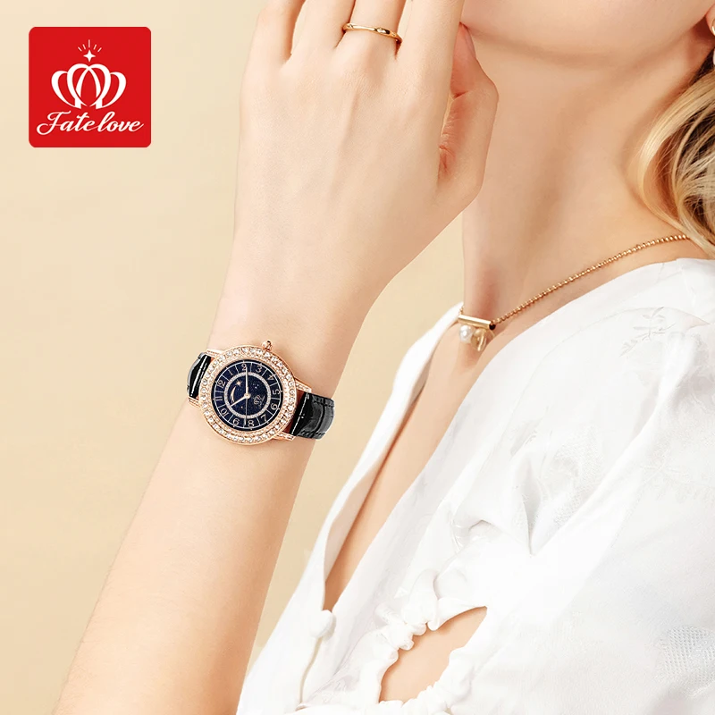 Fatelove-女性のためのエレガントなクォーツ時計,防水,発光,ダイヤモンドのベゼル,革のストラップ,星空のダイヤル,ファッション,827