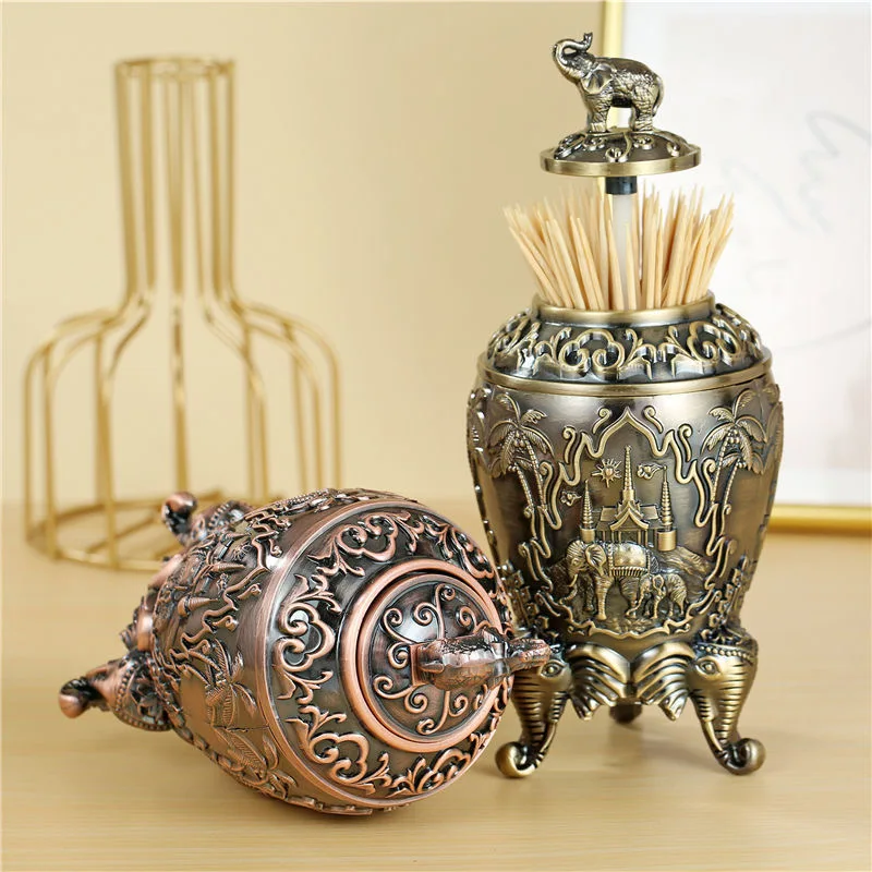 European-style Automatic Toothpick Cylinder Alloy Retro Elephant Toothpick Storage Rack Box Home Desktop Decoration Decoration