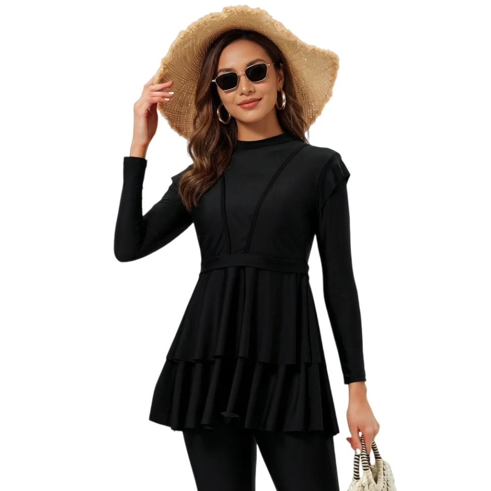 Women's 2-Piece Ruffle Swimsuit with Long Sleeves Conservative Modest Bathing Suit Tummy Control Beach Swimwear