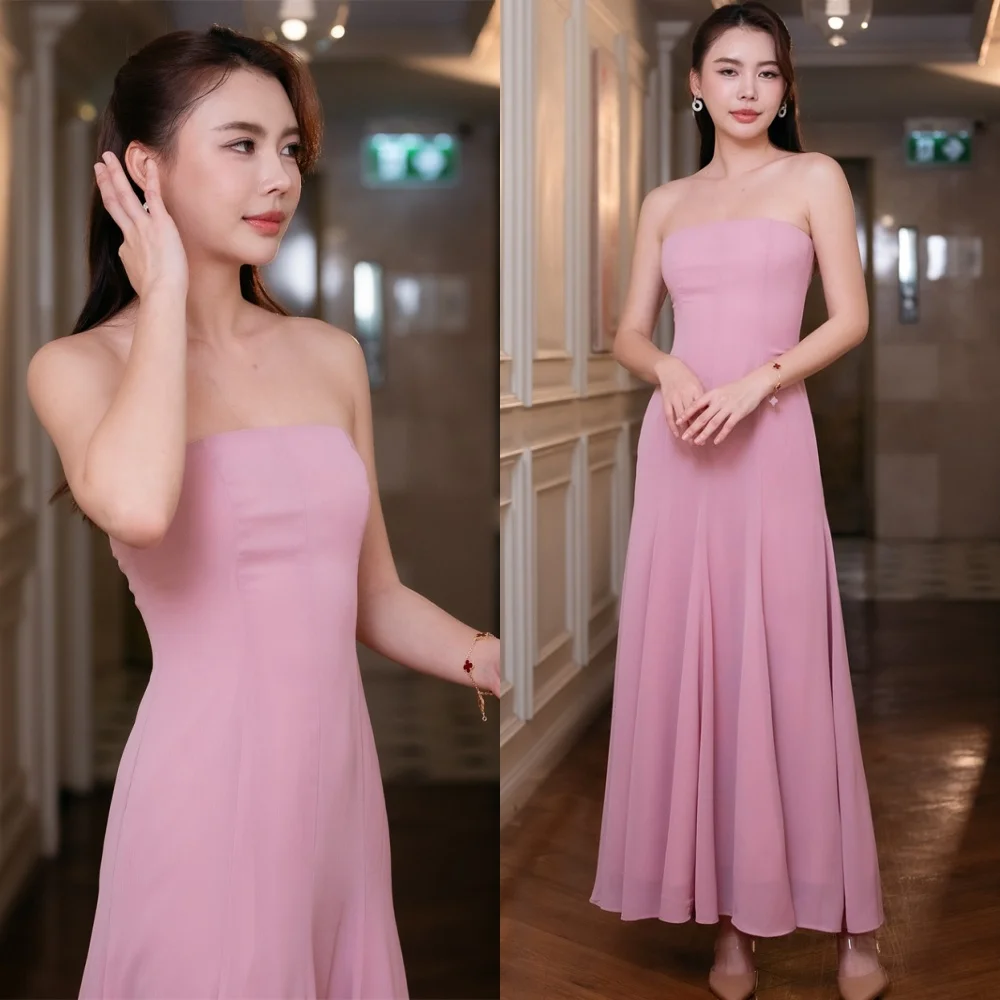 

Customized Fashion Pink Chiffon Evening Dresses Elegant Strapless Sleeveless Celebrity Gowns Temperament Special Occasion Gowns