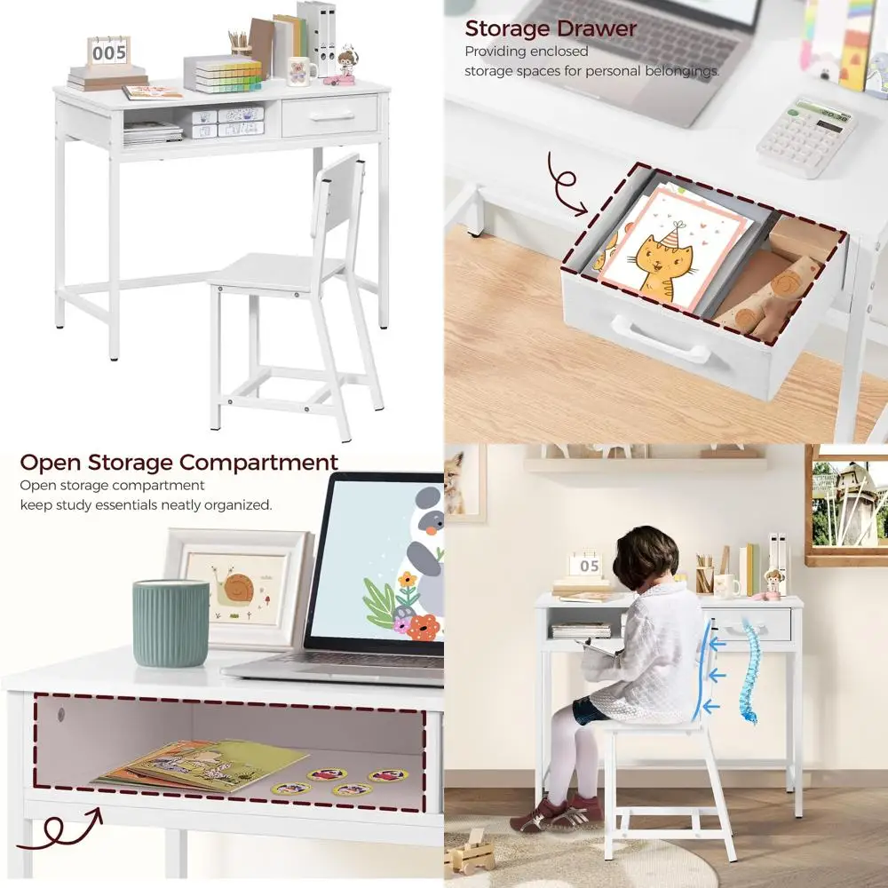 

Children's Study Desk with Bookshelf and Drawer, White Wooden Table Set for Kids' Room, Bedroom, Ideal for Learning and Storage