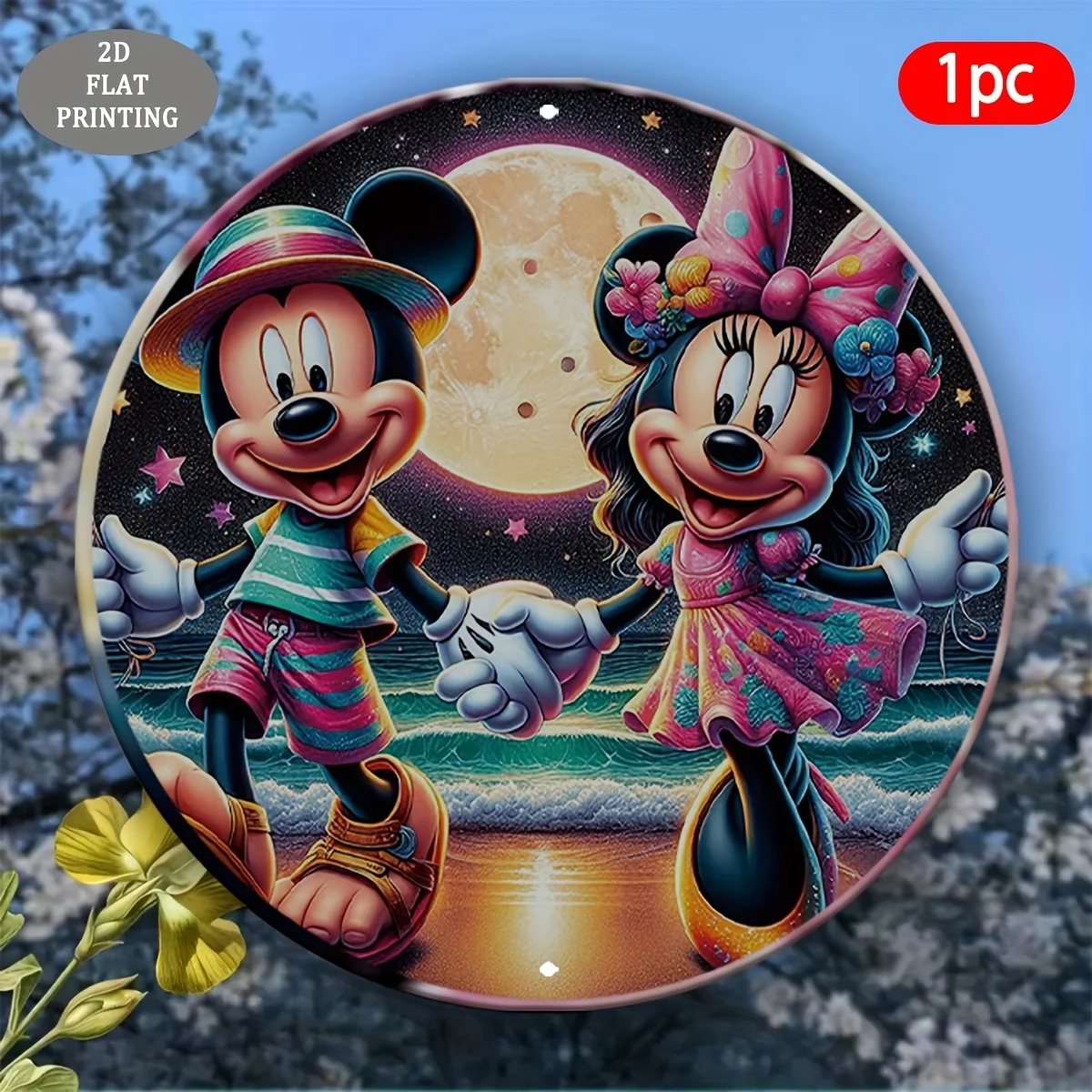 Plano 2D, 1 pieza, arte de pared redondo de aluminio de Mickey Mouse y Minnie Mouse, placa decorativa plana 2D con escena de playa floral iluminada en la luna, Du