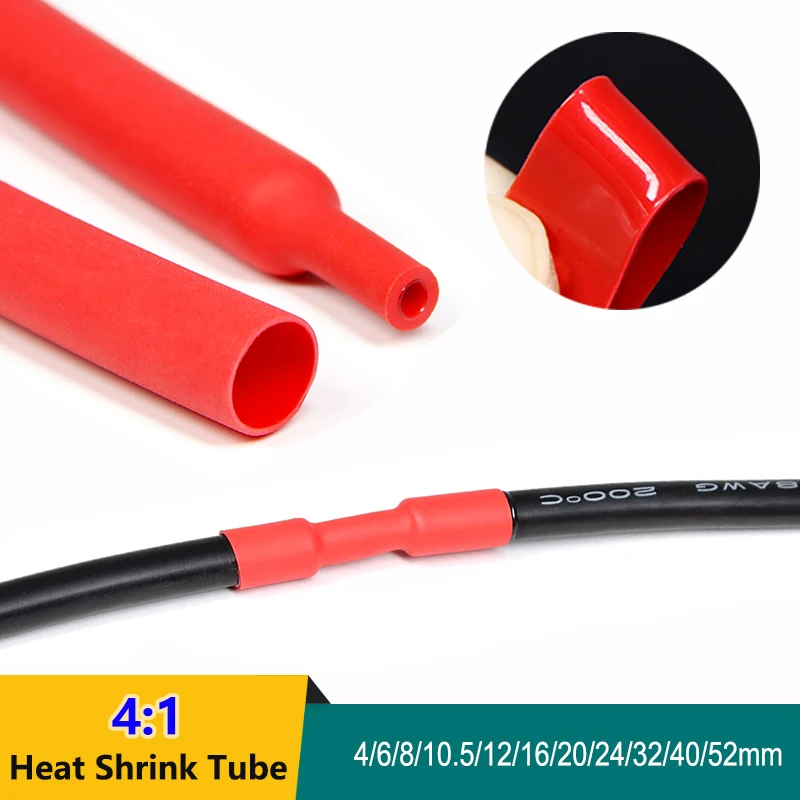 1/2/5/10/25M Red 4:1 Heat Shrink Tube With Glue Heat Shrinkable Tubing Dual Wall Cable Connection Sleeve 6 8 12 16 24 32 52mm