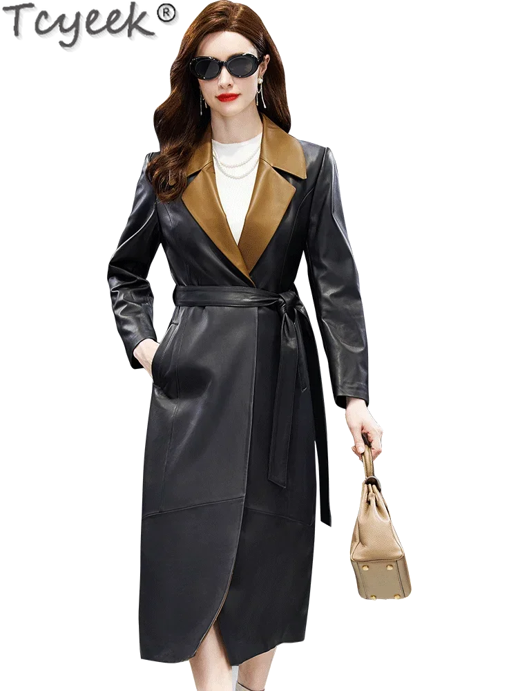 Tcyeek jaqueta de couro real feminina elegante casacos de pele de carneiro natural roupas de inverno 2024 meados de comprimento trench coat mulher jaqueta couro