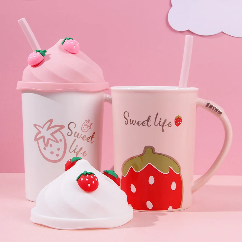 Kawaii Strawberry Ice Cream Mug Coffee Cup Cute Ceramic Tea Mug With Silicone Lid Adults Straw Student Girl Drink Water Cup