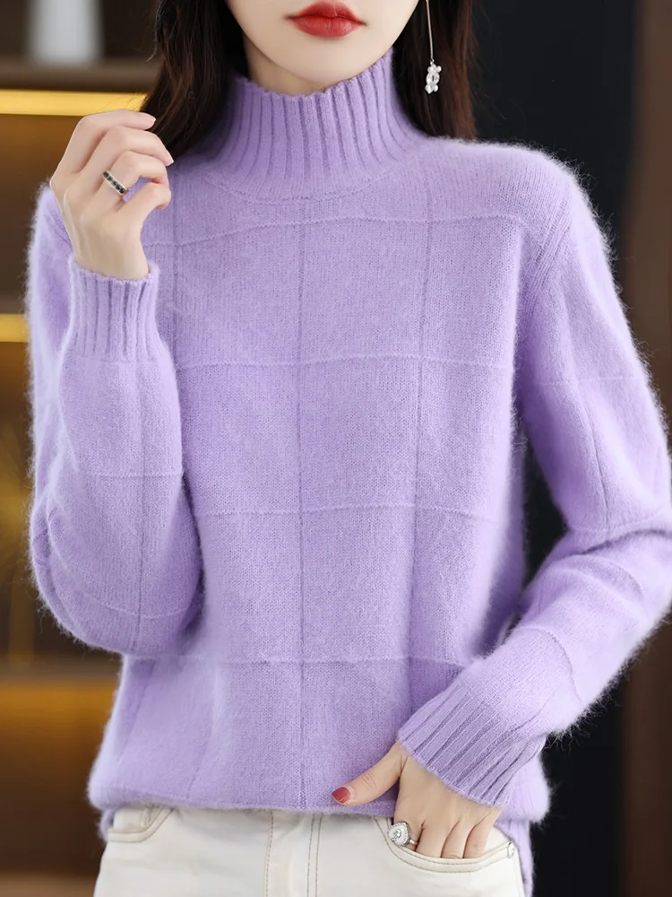 100% Mink Cashmere Sweater Women's Semi-Turtleneck Thicken Knit Pullover Casual Jacquard Check Tops New Autumn Large size Blouse