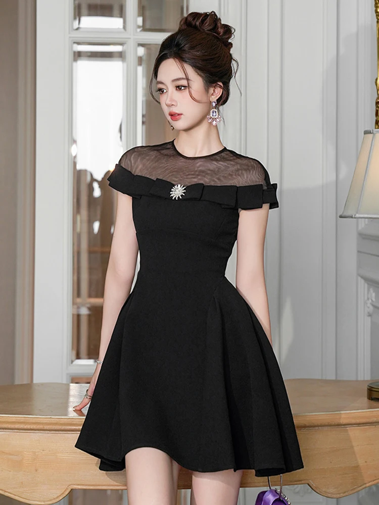 여성용 프렌치 섹시 나이트 아웃 드레스 귀여운 시스루 메쉬 스플라이스 스윙 볼 가운 생일 파티 클럽 베스티도 데이트 로브