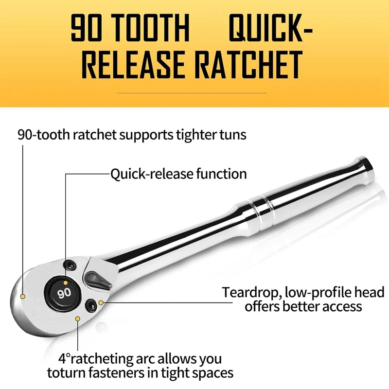 3/8 Inch Drive Ratchet Wrench Quick Ratchet Wrench 4-Degree Swing, Reversible, Chrome Alloy Made