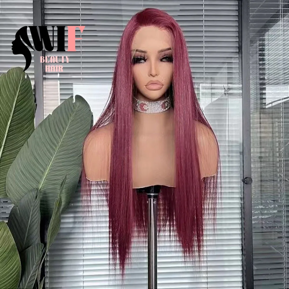 WIF Long Silky Straight Burgundy Hair Lace Front Wig Free Part Wine Red Color Straight Hair Synthetic Wigs Party Cosplay Use