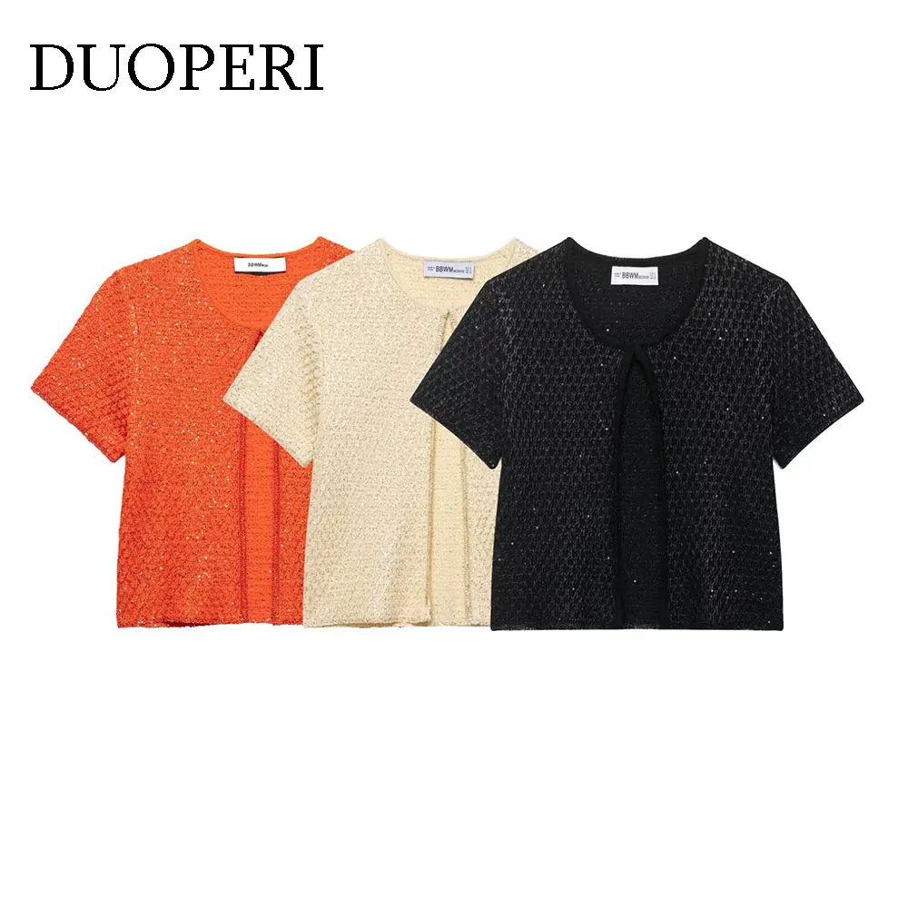 

DUOPERI Women 2025 New Cardigan With Sequined Black Knitted Sweater O-Neck Short Sleeves Female Elegant Chic Lady Casual Tops