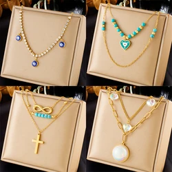 DIEYURO 316L Stainless Steel Eye Cross Large Pearl Pendant Necklace For Women Girl Fashion Neck Chain Jewelry Lady Holiday Gift