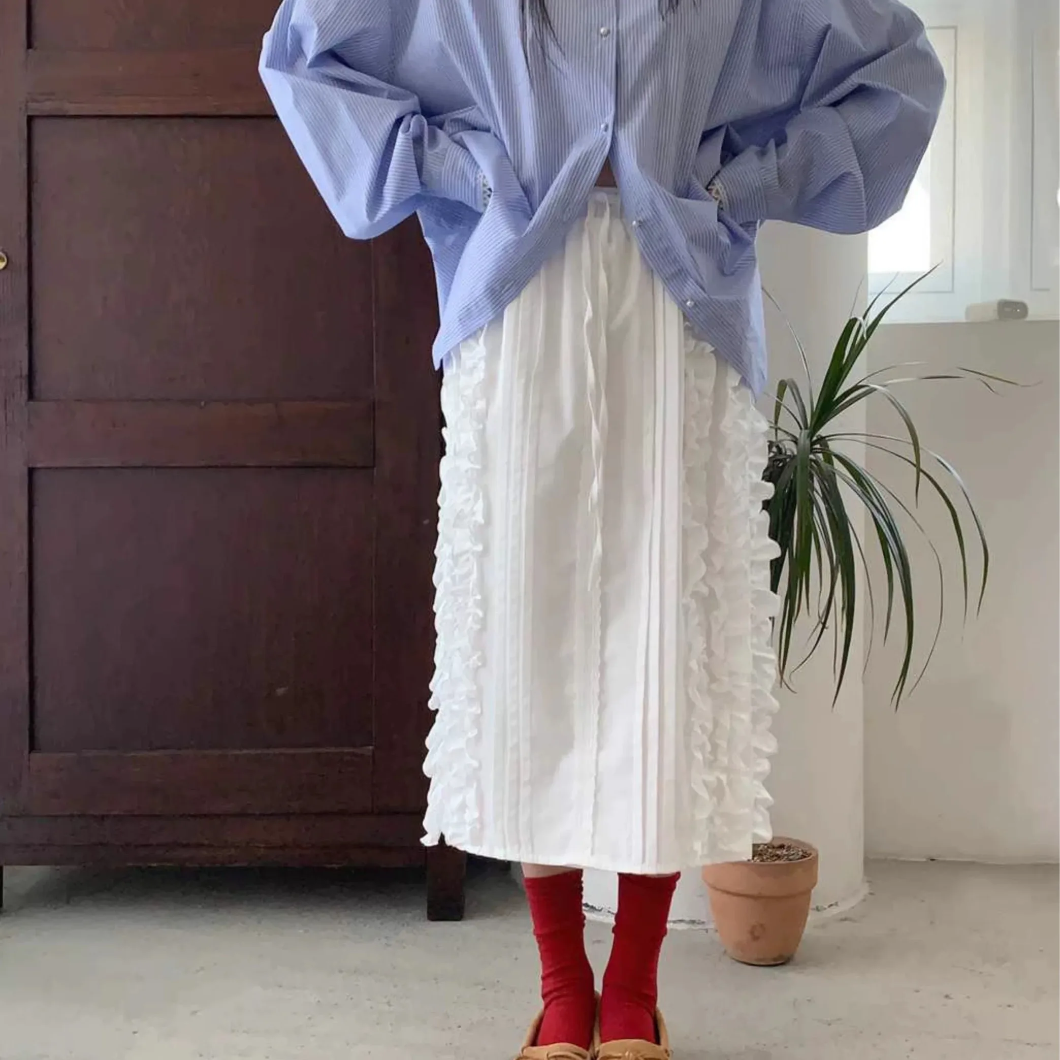 Nimo Home Casual Versatile Personalized Design Wooden  Half Skirt Stripe Shirt Commute Style mid Waist A-Line Skirt