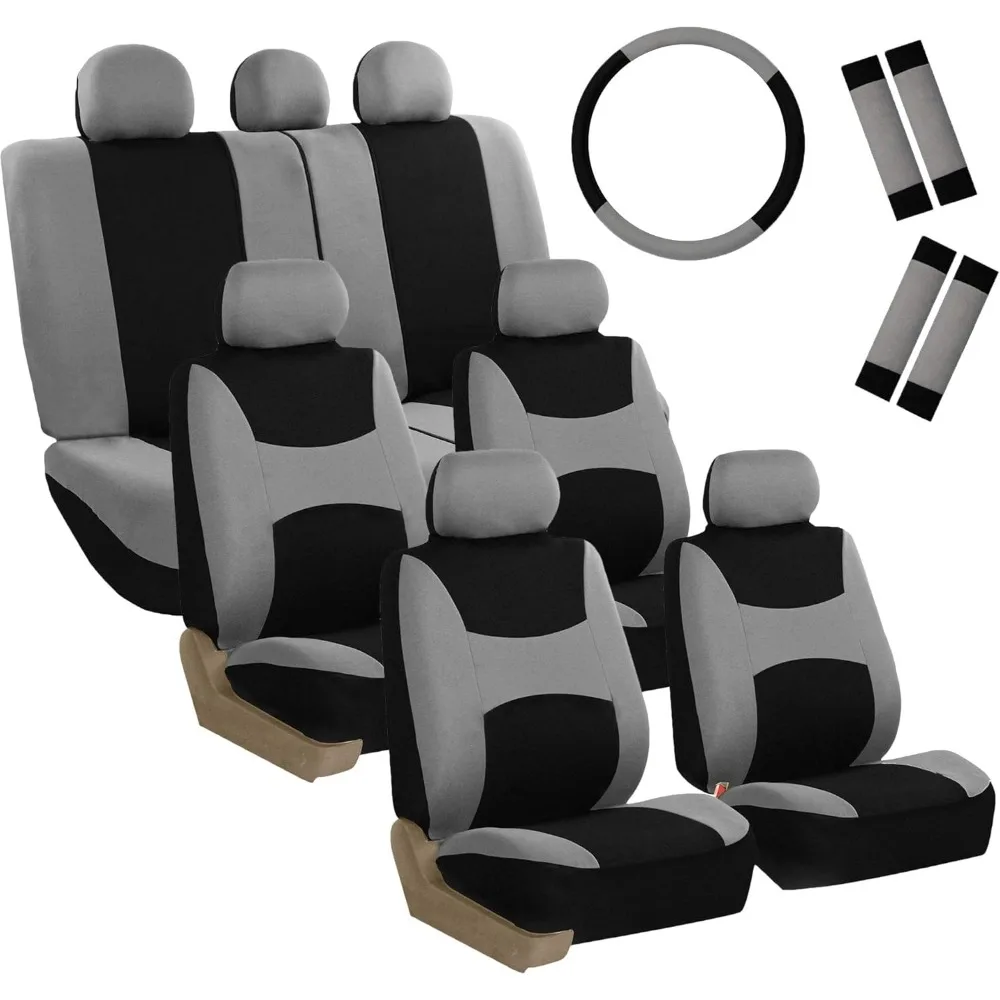 

3-рядный комплект 7-местных легких и дышащих чехлов на автомобильные сиденья из плоской ткани, включая чехол на руль и накладки на ремень безопасности, совместимость с подушкой безопасности