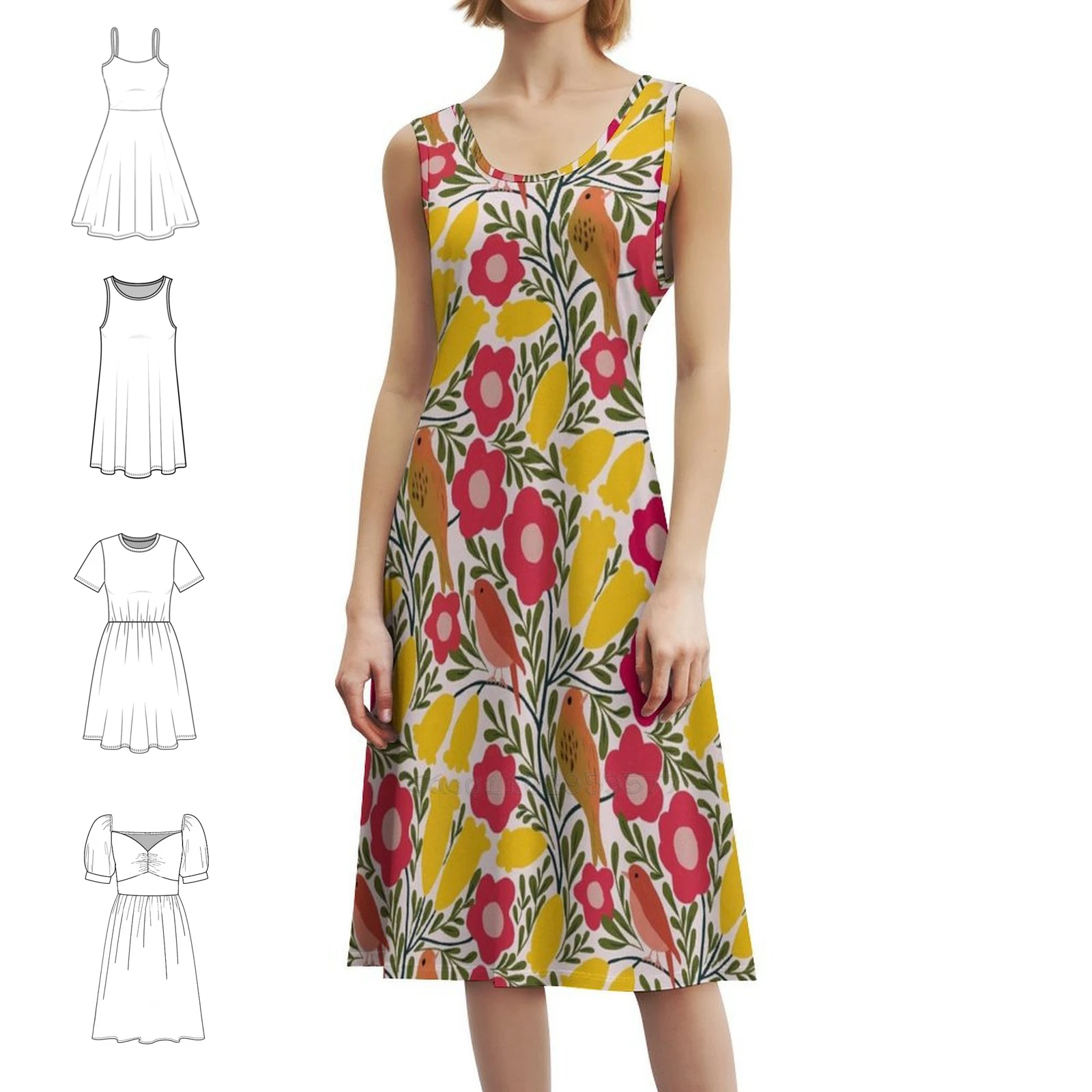 فستان بوهيمي بدون أكمام للطيور والزهور، فستان متعدد الطباعات لحفلات العطلات على الشاطئ