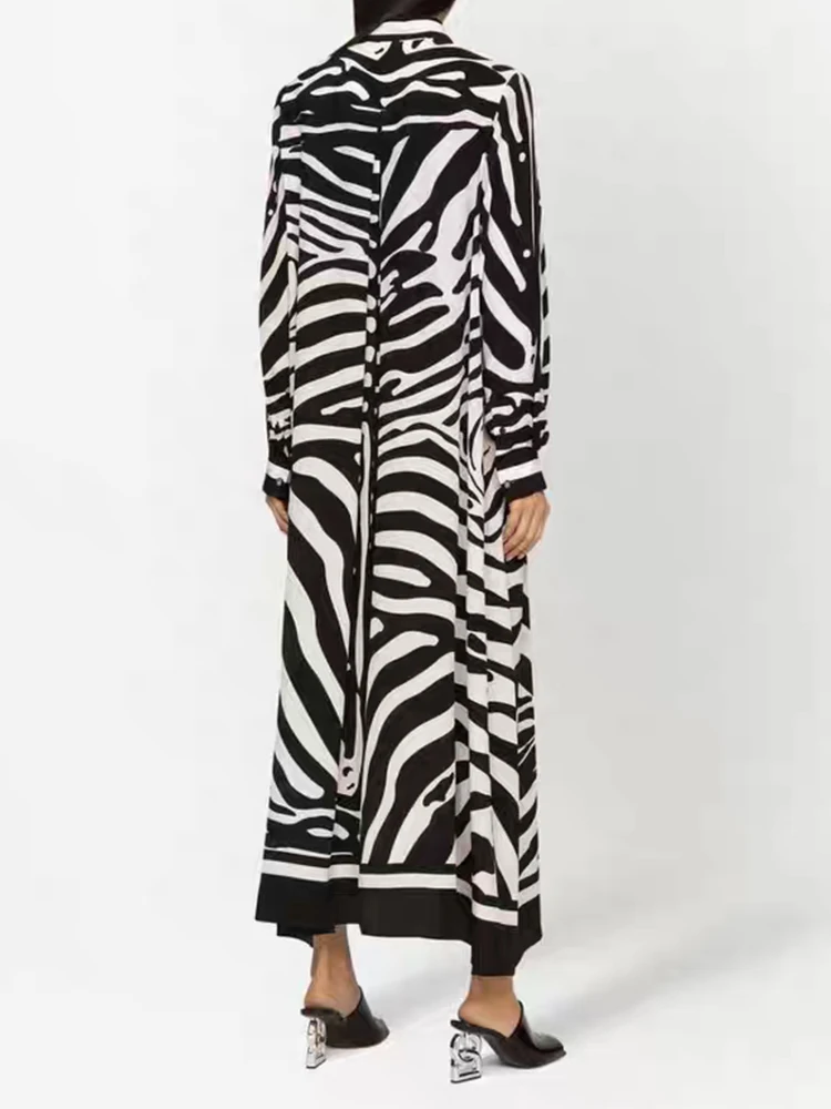 2025 herfst dames bladerdeegrok retro zebrapatroon bedrukte kraag lange jurk modieuze losse shirtrok met lange mouwen
