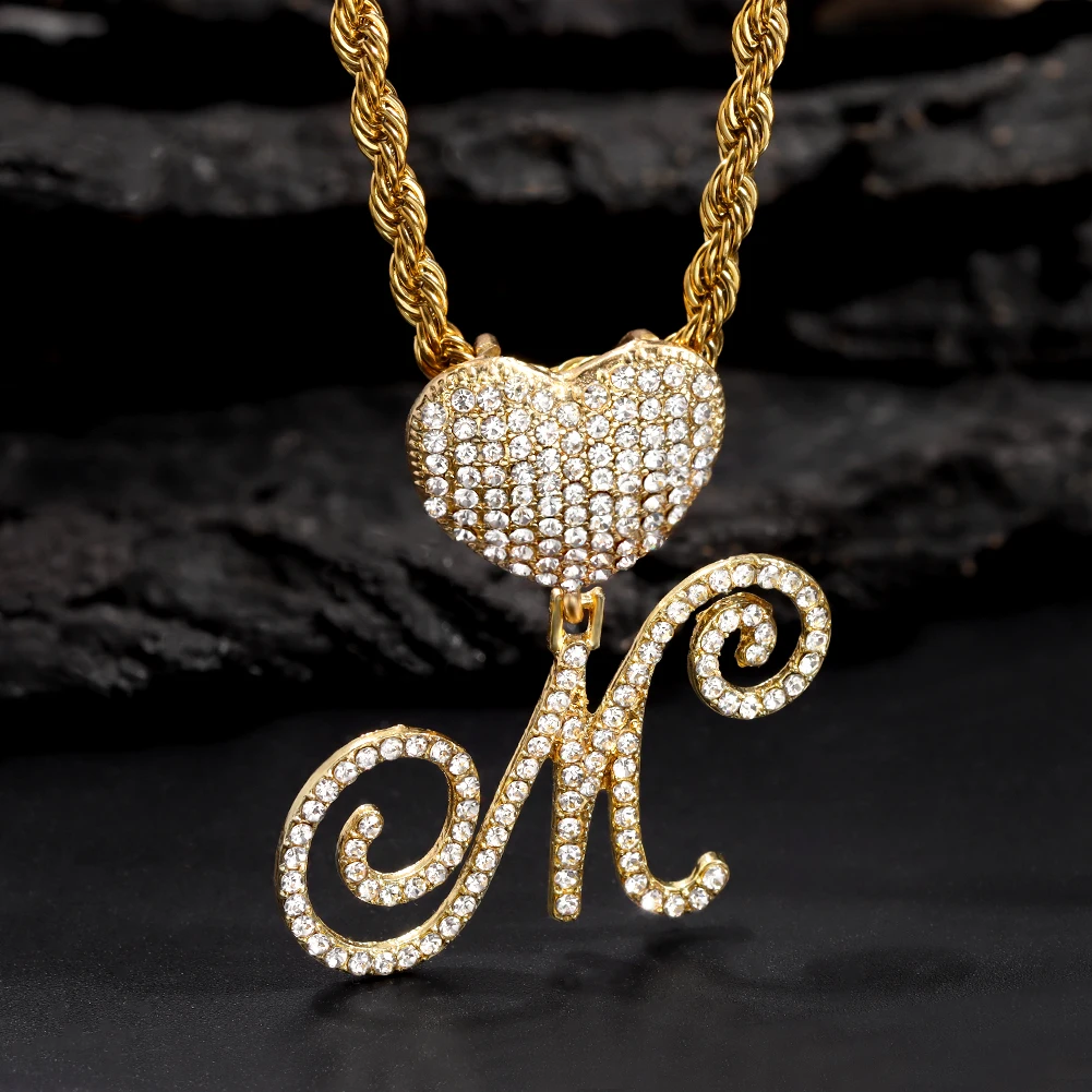 Hiphop Heart Initials Name Necklaces For Women 4MM Rope Chain Cursive Letters Pendant Necklace Trendy Jewelry Gifts
