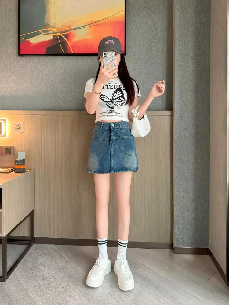 تنورة كورية بسيطة فضفاضة من قماش الدنيم بخصر عالٍ للتخسيس على شكل حرف A، ملابس غير رسمية، قماش مريح غير قابل للتمدد