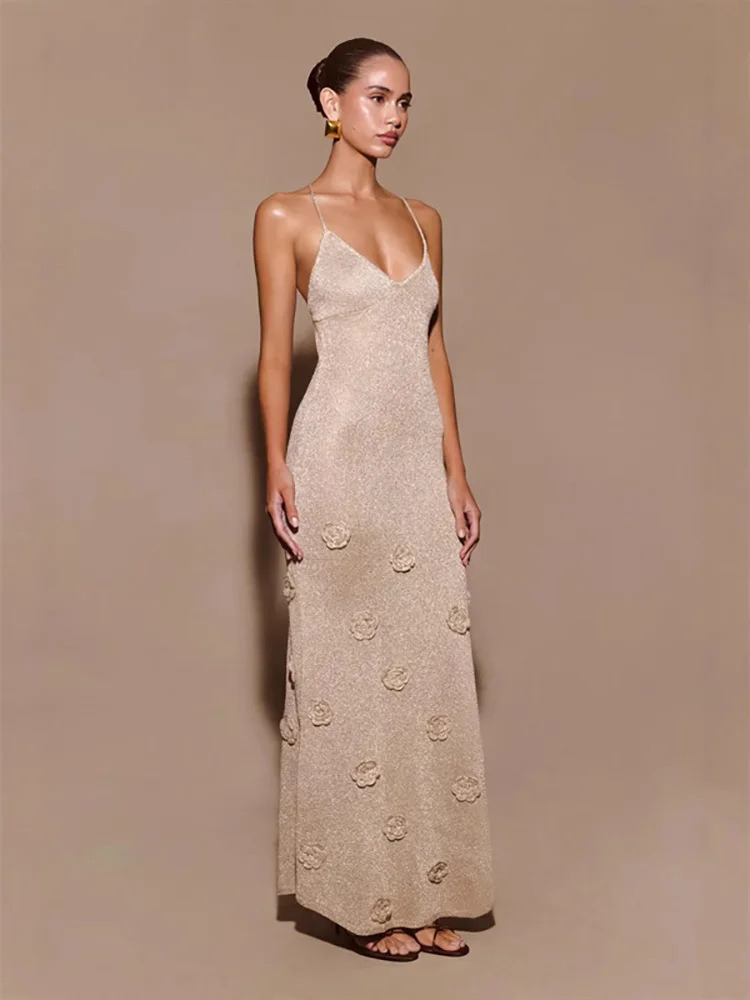 JHJN Blote rugband Bretels Strand Kust Gebreide bandjurk Gehaakte Flash Wire Elegante lange jurk Driedimensionale bloemen