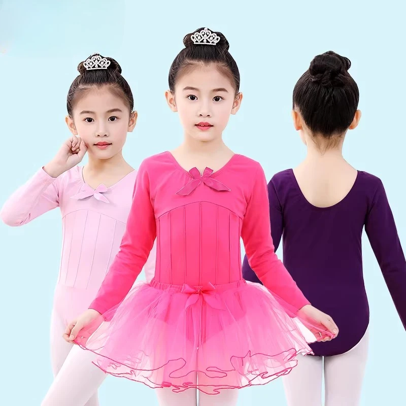 

New girls' cotton dance onesie, long short-sleeved Lycra cotton, Chinese folk dance practice test skirt