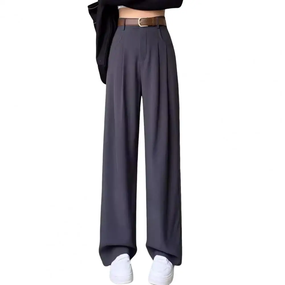 Women Wide-leg Pants High Waist for with Pockets Button Zipper Fly Office Trousers Female Clothes