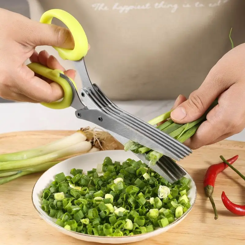 Multi-functional Stainless Steel 5 Layer Kitchen Scissors Pepper Shredded Chopped Scallion Cutter Laver Cut Cooking Tool