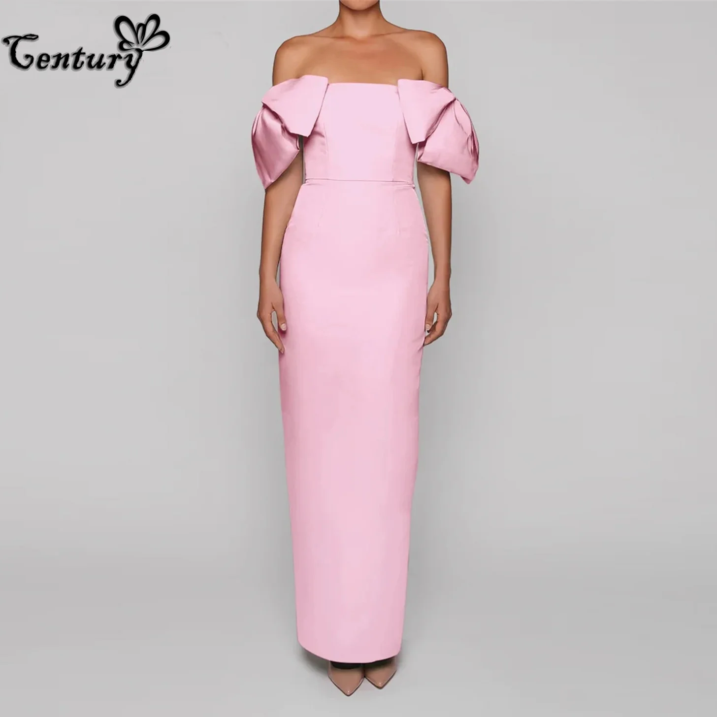 

Pink Prom Dress Long Big Bow Floor Length Off Shoulder Satin Simple Occasion Gowns Formal Evening Dresses Customized