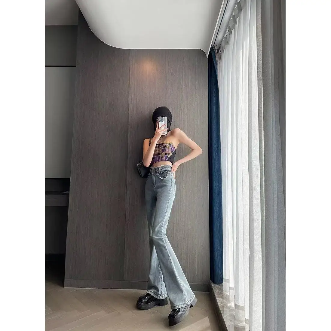 

Blue High Waist Slim Fit Denim Bell Bot Women's Spring New Sle Waed Jeans Casual Long Trousers Stand Version