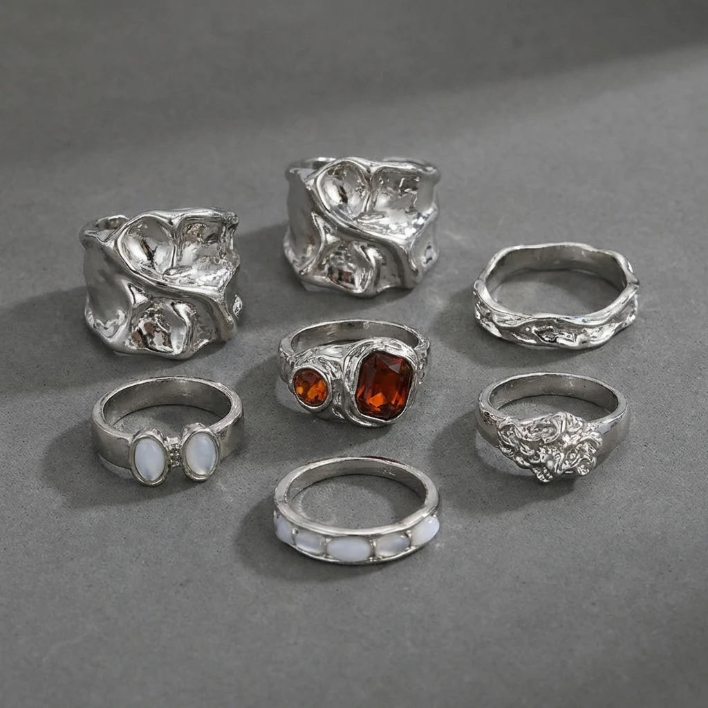 Ins-Style Unregelmäßiger Wellenring-Set in Silberfarbe, Stapelbare Fingerringe für Frauen, Coole Geometrische Fingeraccessoires, Modetrend – Detail 4