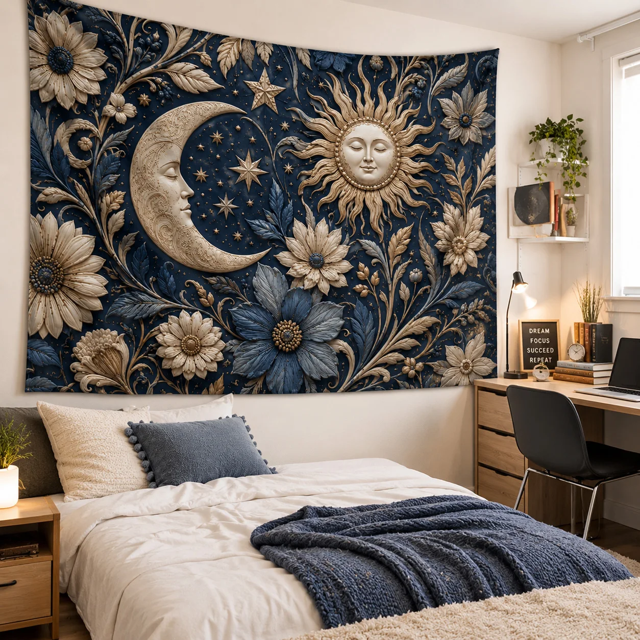 Navy Blue Sun Moon Tapestry Wall Hanging Celestial Floral Boho Wall Art for Bedroom Dorm Living Room