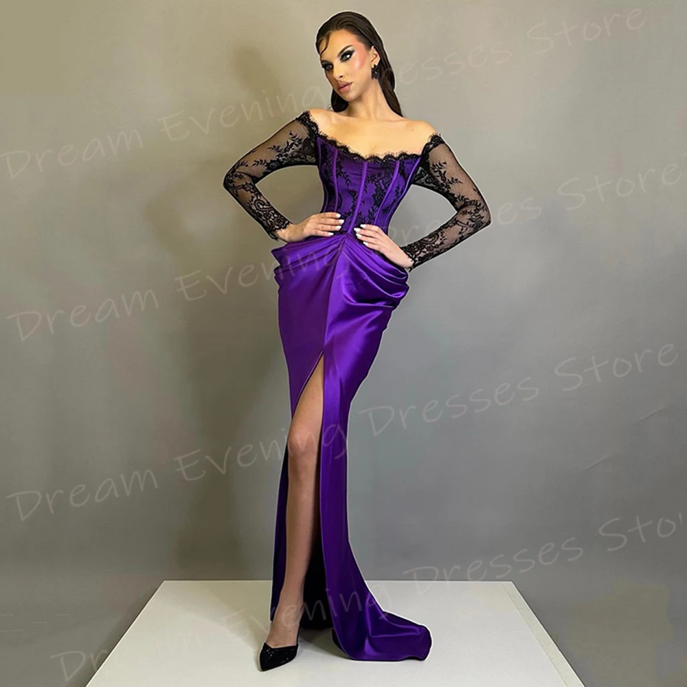 2024 New Modern Women's Mermaid Elegant Evening Dresses Long Sleeve Lace Appliques Prom Gowns Charming Split Vestido De Noche