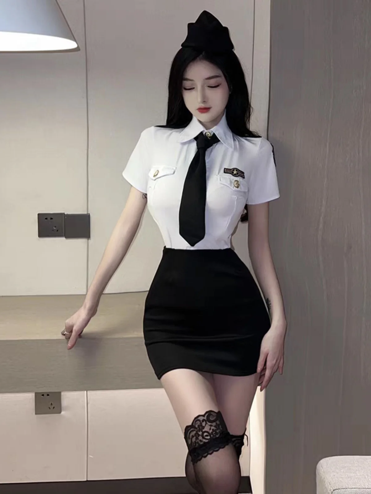 Gege Nightclub Secretary Sexy Uniform Role Play Short sleeve White Shirt Tight Sheath Short dress Set Fashion