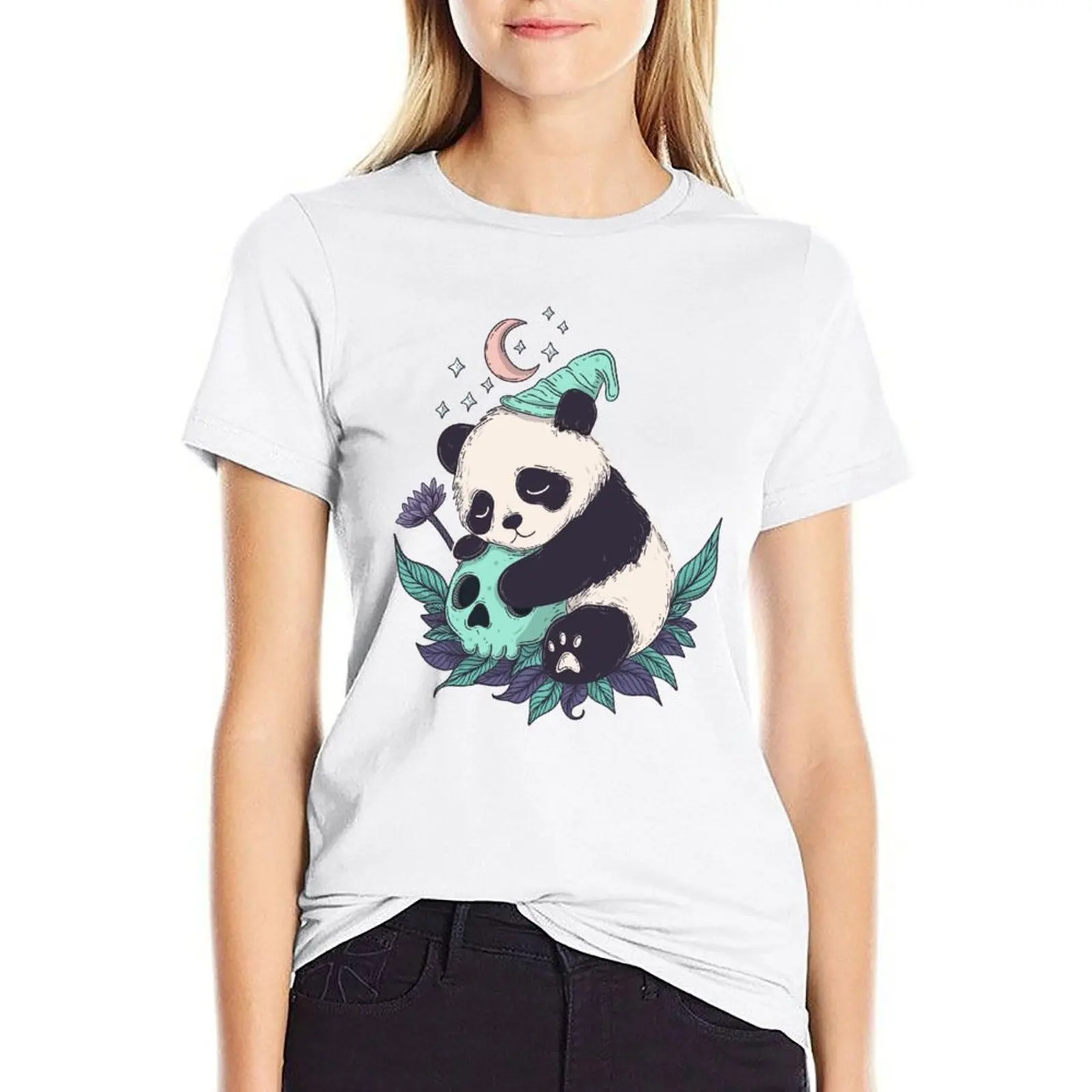 Sleepy panda and skull T-shirt summer top tees T-shirt Women