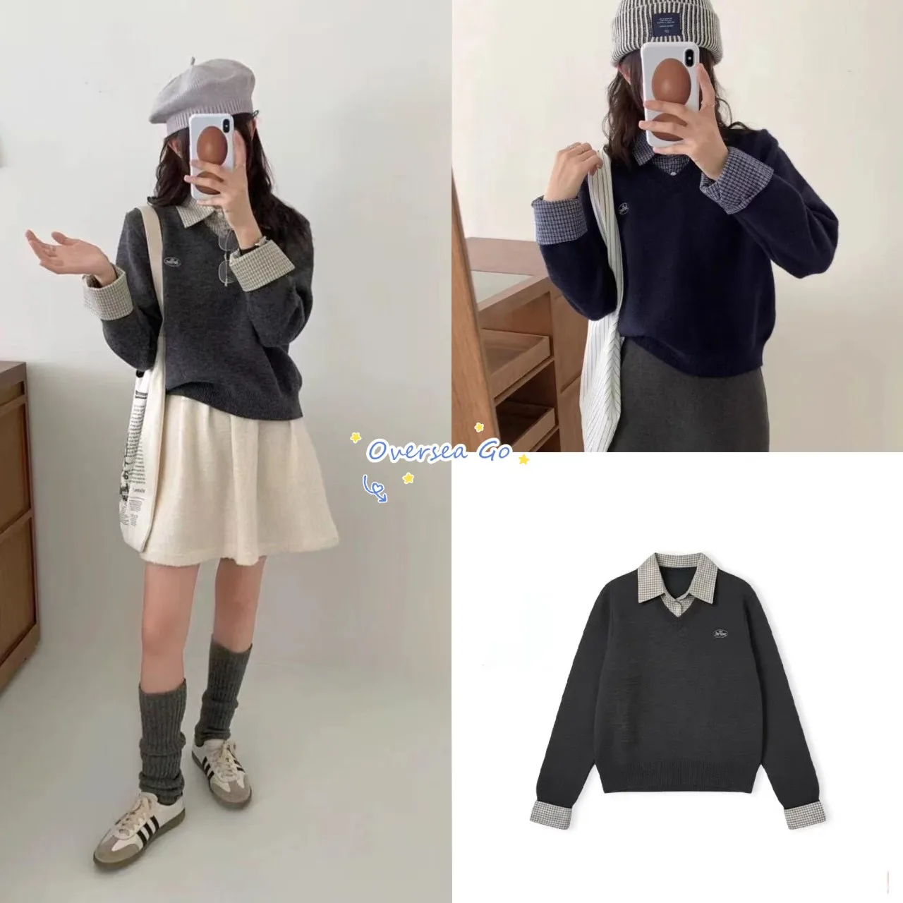 

Женский вязаный свитер в клетку в стиле преппи, имитация двухслойности, свободный крой, средней плотности вязки, с длинными рукавами и воротником