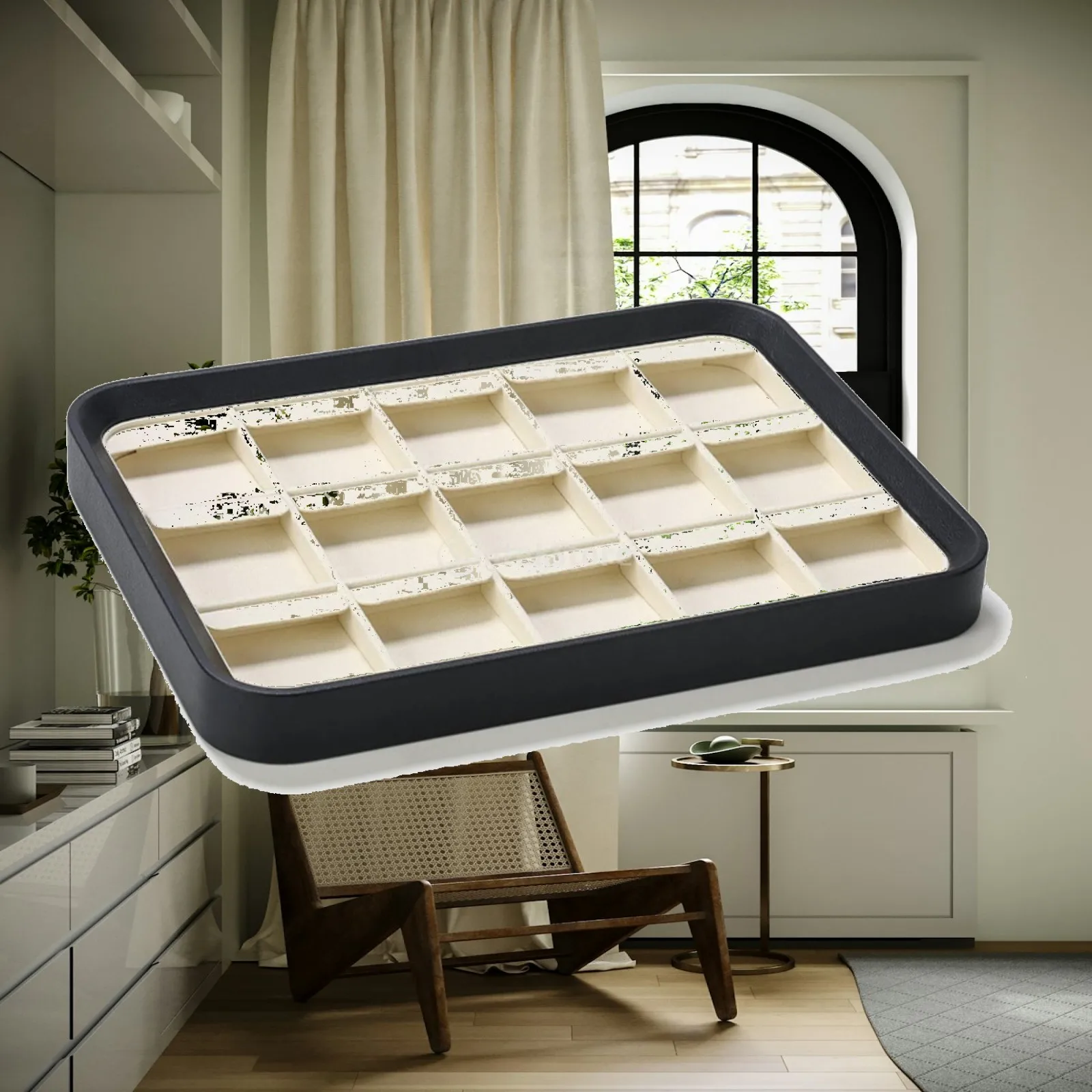 Jewelry Display Tray with 15 Slots | Soft Flocked Inner Surface, Space-Saving Low-Profile Design, Earring Organizer Tray, for