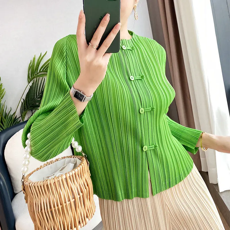 

Pleated Spring and Autumn Chinese Style Printed Shirt Women's Long Sleeve Retro Loose Top Thin