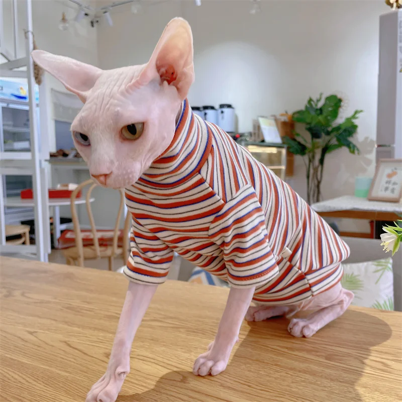 

Red Striped Cotton Coat for Cats Long Sleeves Loungewear for Sphynx Cat in Spring Autumn Winter Soft Jumpsuit for Kittens