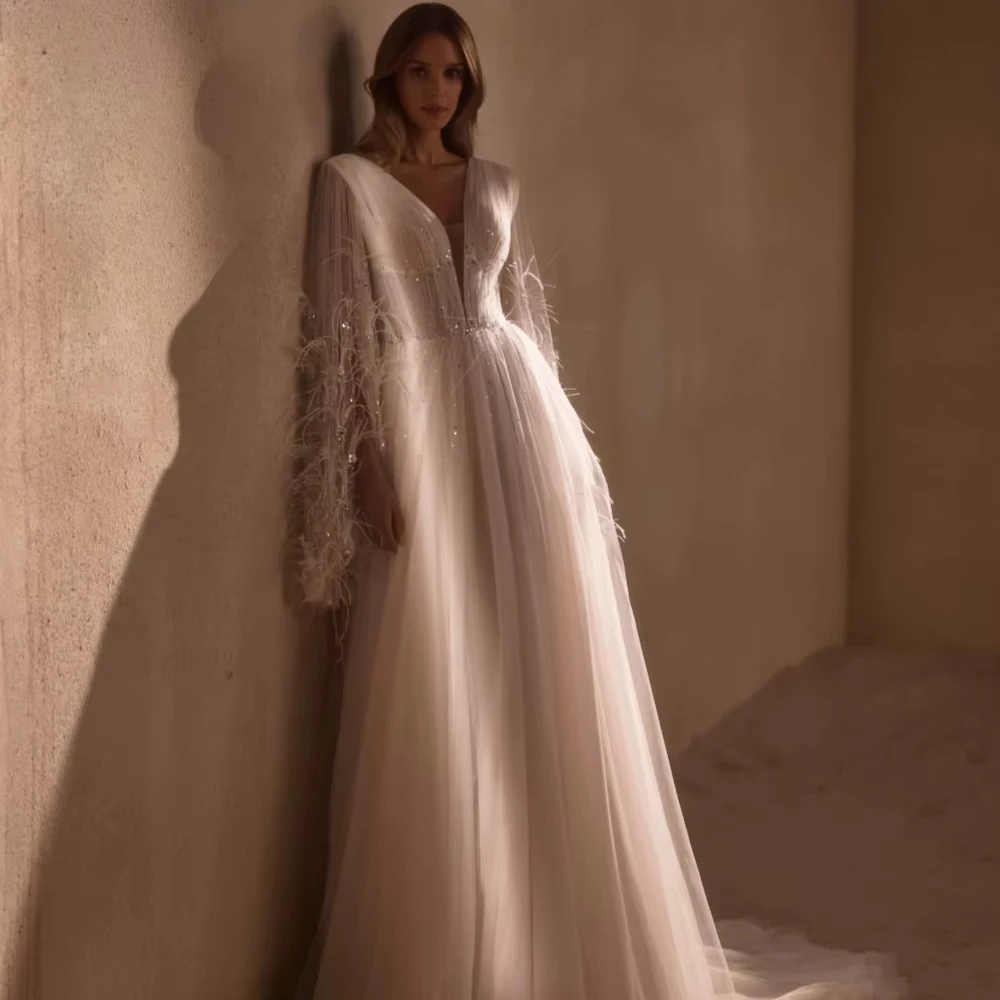 Customized Shiny Beaded A-line Wedding Dress Dreamy Feathers Long Sleeve Bridal Gown New Modern V-neck Bridal Gown