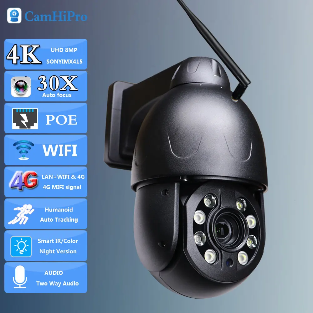 

Surveillance IP Camera 4K 8MP Wireless Security IP Camera PTZ Dome WIFI&3G 4G SIM&POE 30X Auto Zoom Human TrackingTwo Way Audio