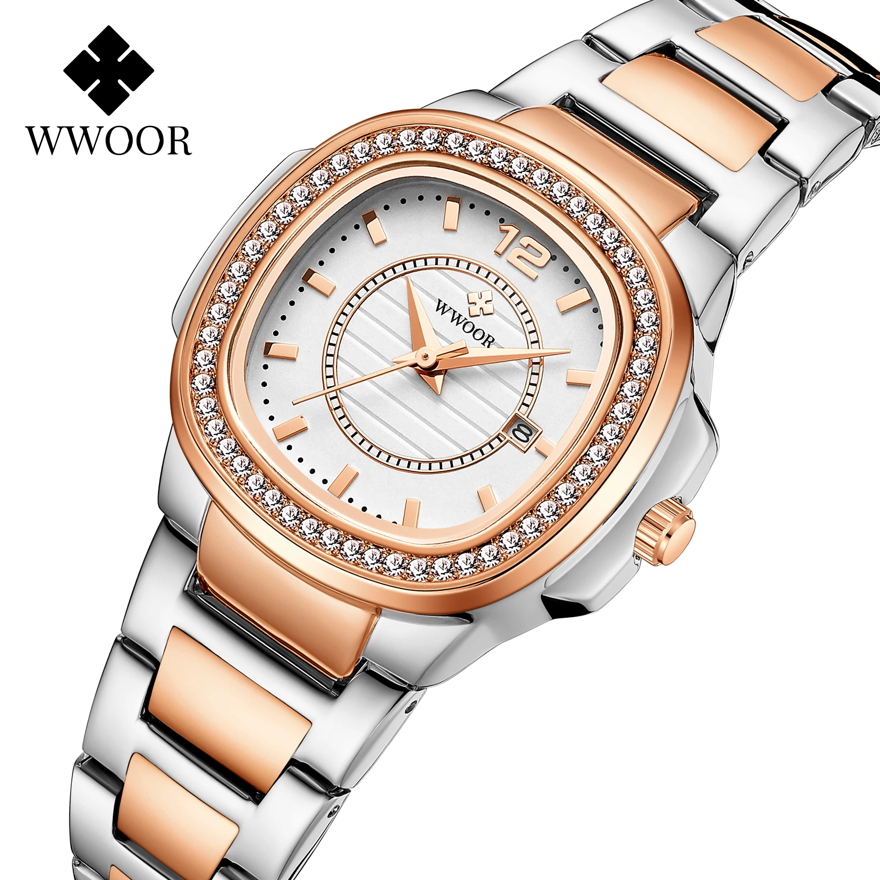 

Fashion Wwoor Top Brand Rose Golden Luxury Watches Women Diamond Quartz Wrist Watch Female Full Stainless Steel Waterproof Date