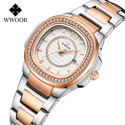 Fashion Wwoor Top Brand Rose Golden Luxury Watches Women Diamond Quartz Wrist Watch Female Full Stainless Steel Waterproof Date